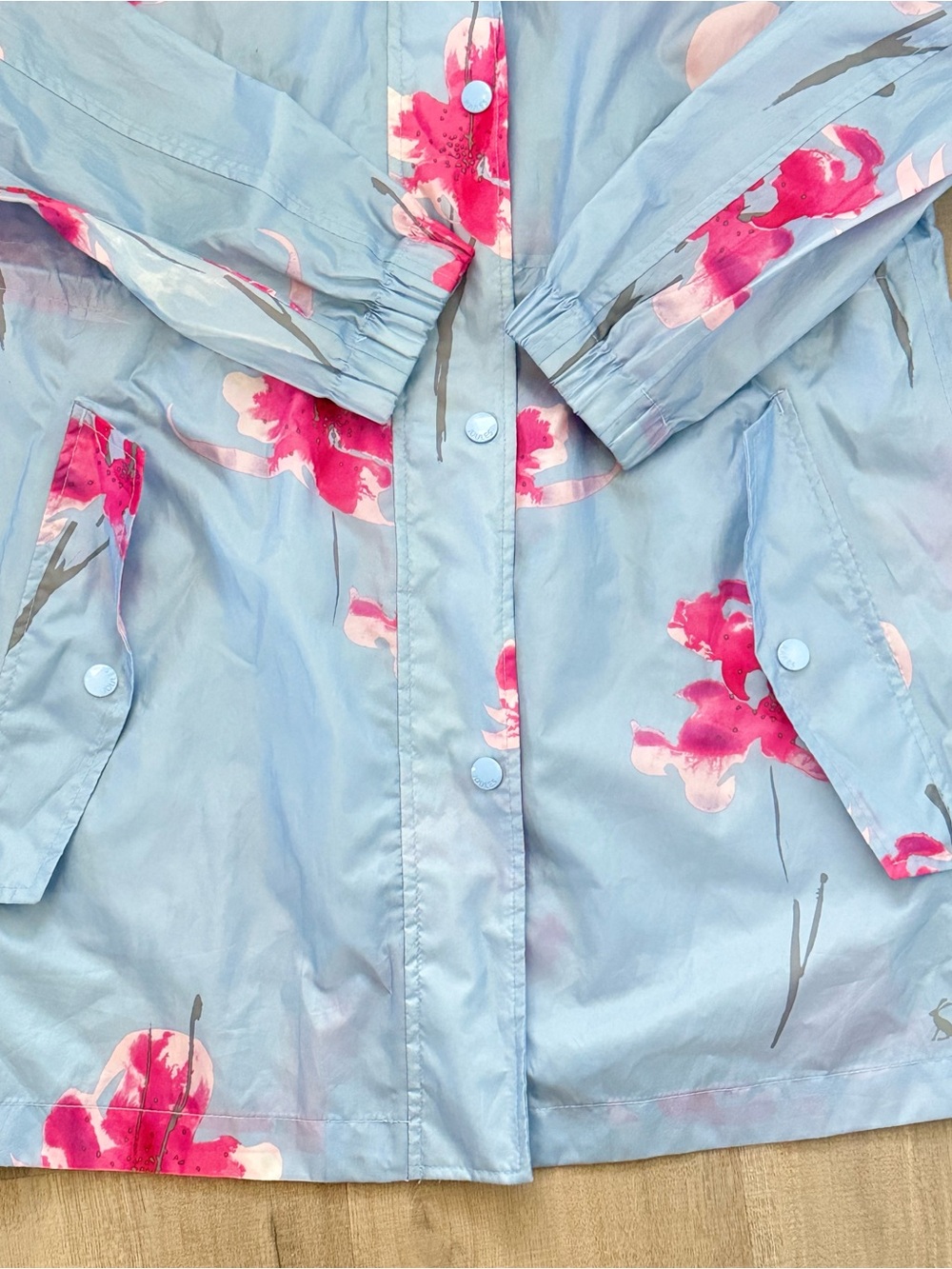 Joules Blue Pink Floral Lightweight Full Zipper Hooded Raincoat Rain Jacket - Picture 4 of 12